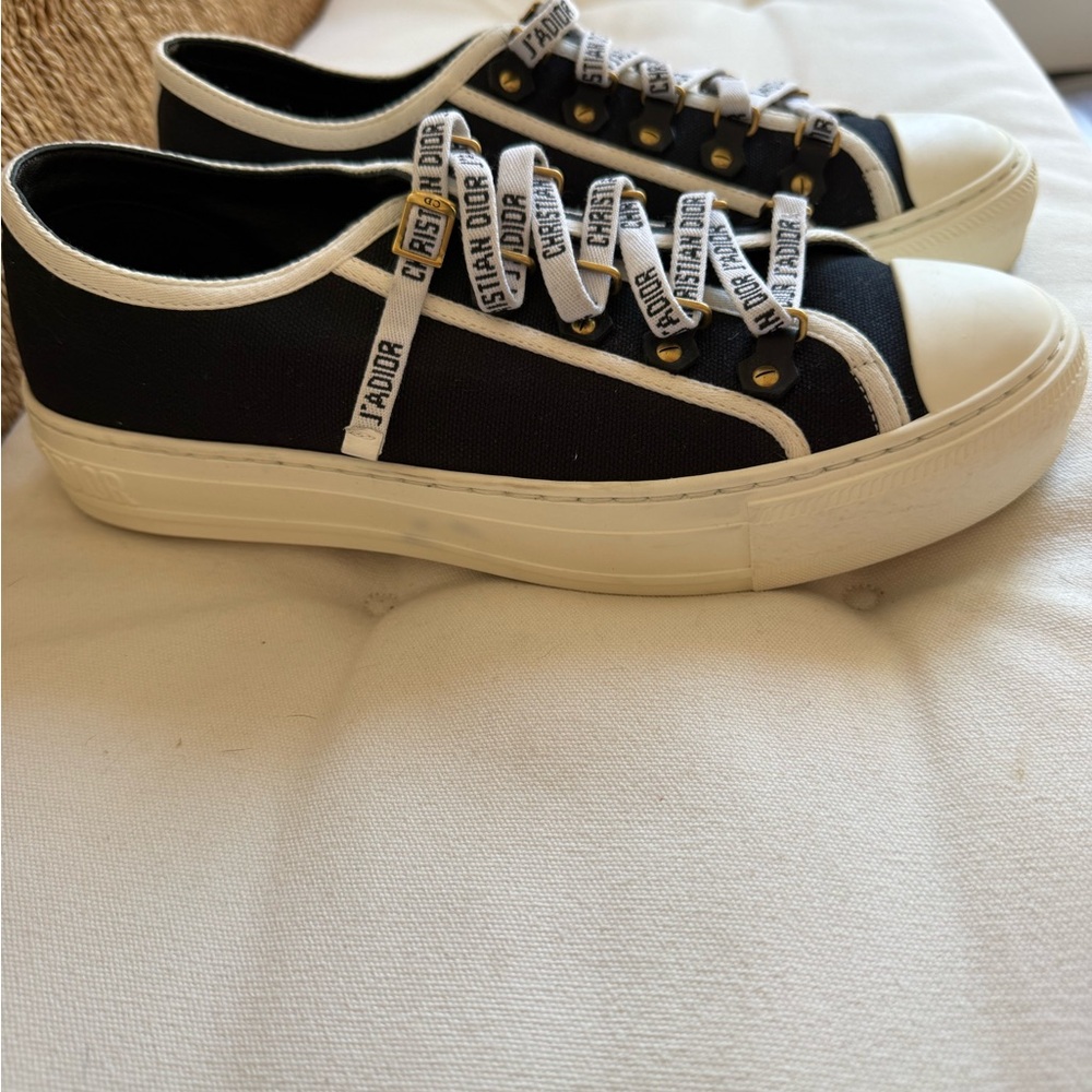 Dior Black and White Low-Top Canvas Sneakers with Gold Accents - Picture 7 of 9